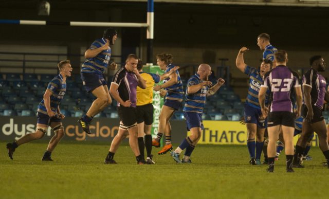 The Team Bath players celebrate after beating Leeds Beckett in the 2018 Anniversary Game at The Rec