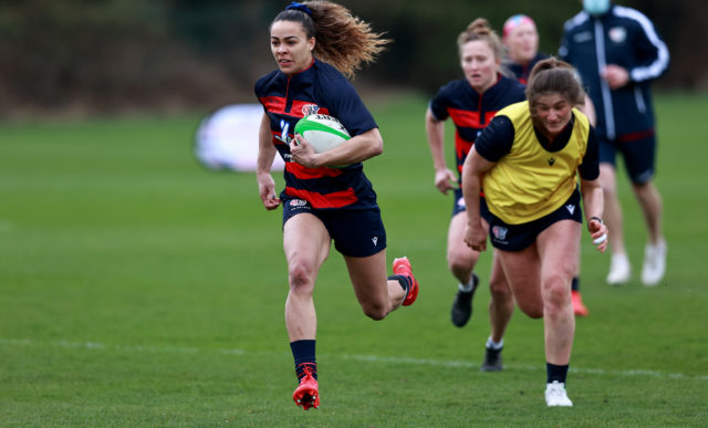 LOUGHBOROUGH, ENGLAND - MARCH 23: Deborah Flemming runs with the ball in a GB Women's Sevens training session at Loughborough University on March 23, 2021 in Loughborough, England. (Photo by David Rogers/Getty Images for GB Sevens)