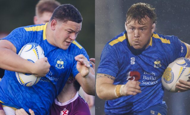 A composite image of University of Bath Rugby Club front-row forwards Alfie Griffin (left) and Max Pearce (right) running with the ball in hand during the 2024-25 BUCS Super Rugby season.