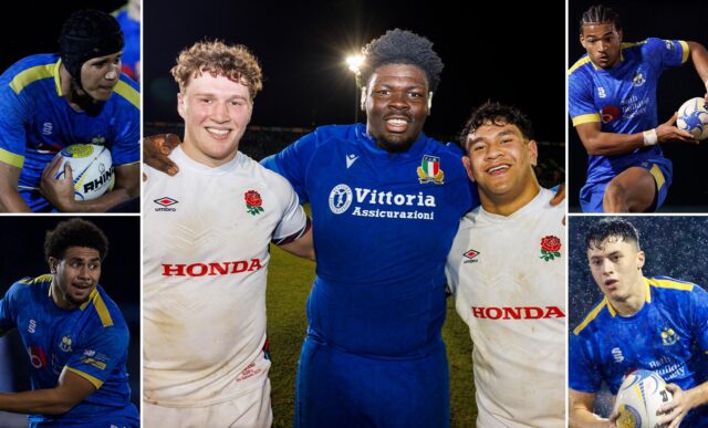 A composite image of University of Bath students (clockwise from top left) Aiden Ainsworth-Cave, Connor Treacer, Enoch Opoku Gyamfi, Kepu Tuipulotu, Tyler Offiah, Jack Woods and Billy Sela who have been selected for the 2025 World Rugby U20 Championships.