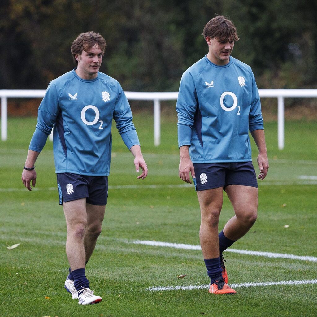 University of Bath Rugby Club duo Freddy Rossigneux and Jamie Howick wearing England Rugby training kit during a training session.
