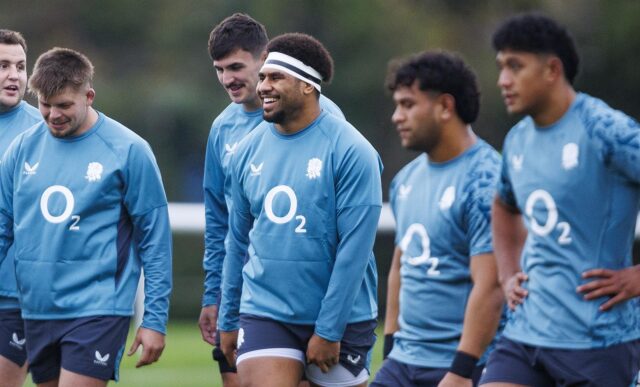 A group of England A men's rugby players during a training session at the University of Bath