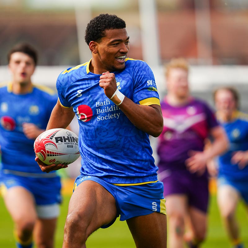Tyler Offiah has a smile on his face as he runs through to score the opening try for the University of Bath in the BSR Milk Championship 2026 final