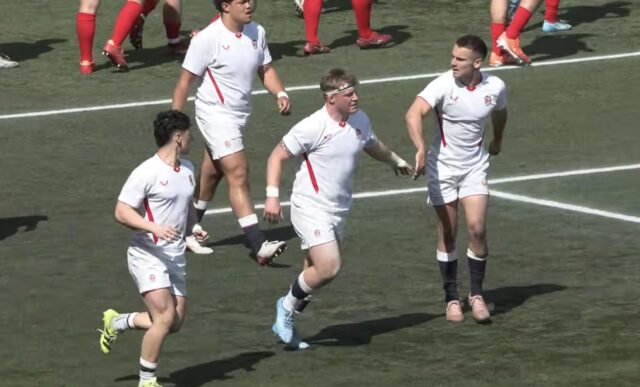 Max Pearce is congratulated after scoring a try for England Students against France in Le Crunch 2026