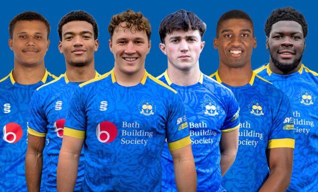 A photo montage featuring profile pictures of University of Bath Rugby Club players (from left) Aiden Ainsworth-Cave, Tyler Offiah, Connor Treacey, Sam Winters, Tate Williams and Enoch Opoku-Gyamfi.