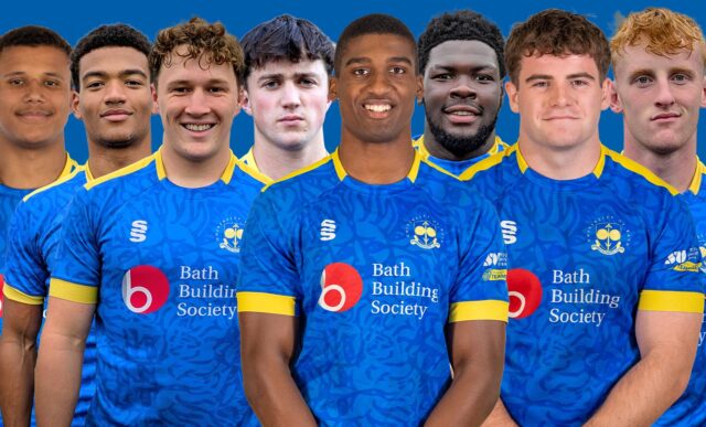 A photo montage featuring profile pictures of University of Bath Rugby Club players (from left) Aiden Ainsworth-Cave, Tyler Offiah, Connor Treacey, Sam Winters, Tate Williams, Enoch Opoku-Gyamfi, Oscar Thomas and Alex Ridgway.
